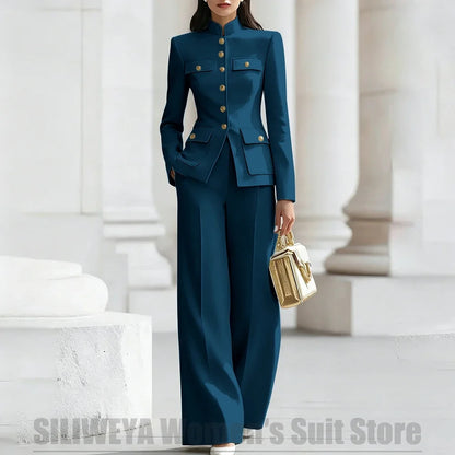 Women's Ivory Suit Mandarin Collar 2 Piece Military Style Gold Buttons Blazer Wide Leg Pants Wedding Party Prom Lady Suits