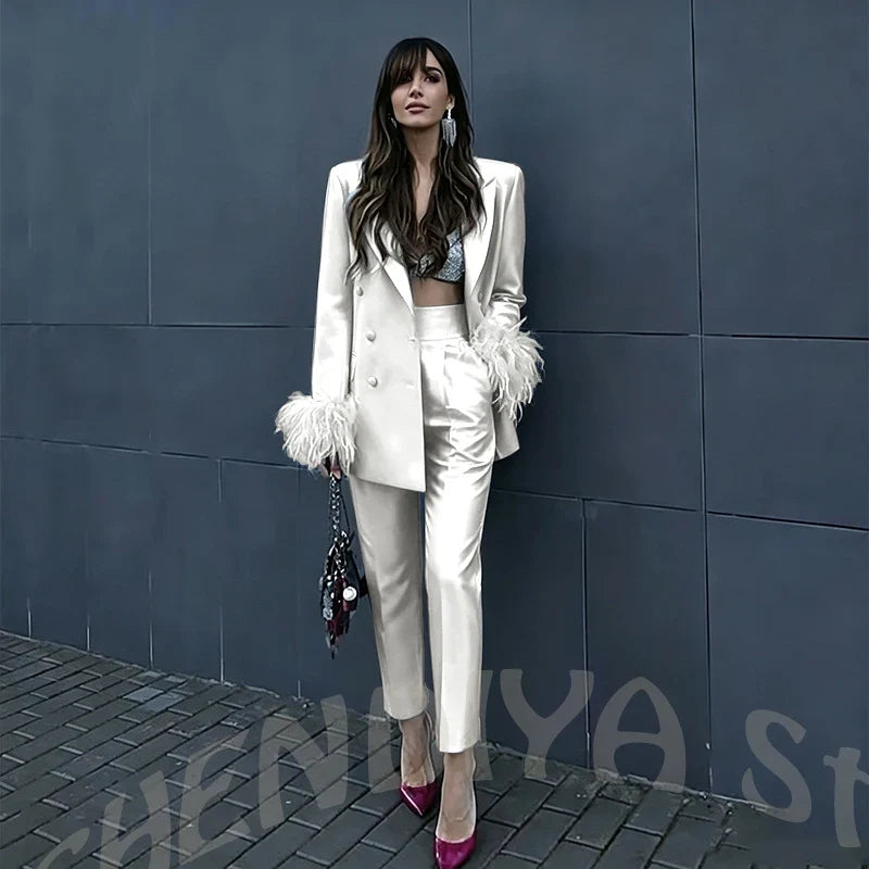 Fuchsia Satin Women's Suit Set Peak Lapel Shiny Glossy Blazer with Feather Elegant Luxury Outfit for Dinner Party Formal Event