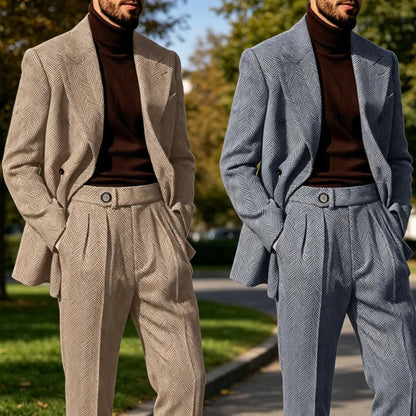 Men's Herringbone Suit 2-Piece Set – Double Breasted Blazer & Trousers for Wedding & Business