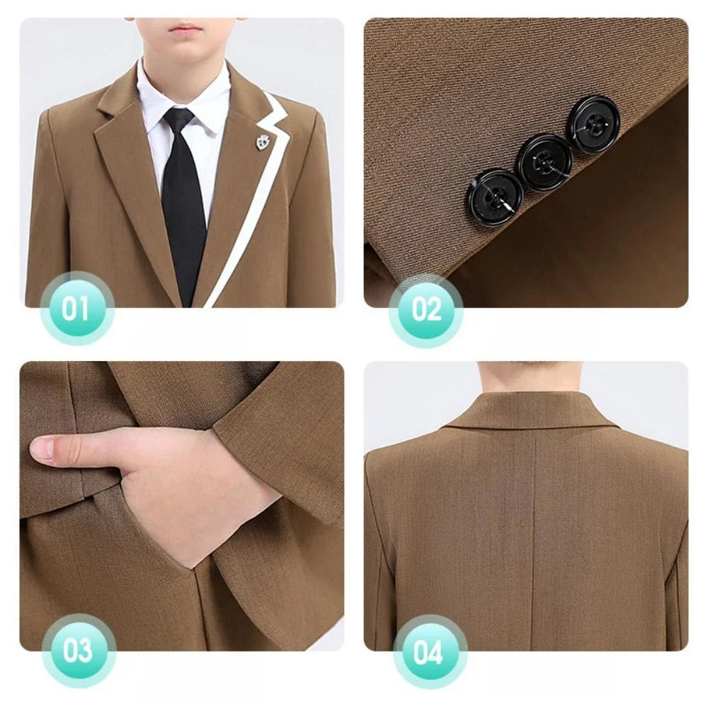 2026 New Boys Slim Fit Dresswear Suits For Birthday Wedding Party Three Colors Handsome Child Suit Set School Performance