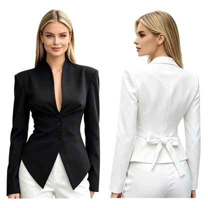 Women Korean Fashion Suits Jacket Button-down Solid Color Blazer Coats Padded Shoulder Pointed Hem Blazers Office Lady Outerwear