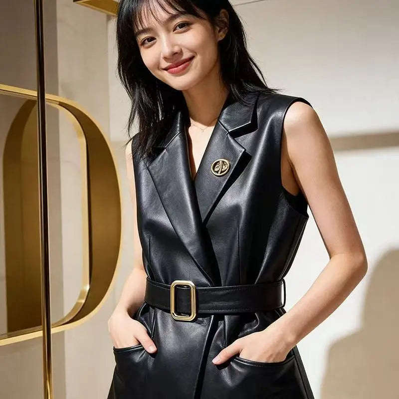 Black Jacket Summer Elegant Sleeveless Blazers Vest British Notched Leather Vest Office Lady Formal Jacket Women Coats 2026