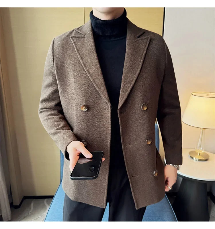 British Style Autumn Winter Thick Double Breasted Woolen Coats High Quality Men Business Casual Warm Suit Jackets Men Clothing