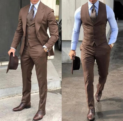 Brown Classic Men Suit 3 Pieces Tuxedo Peak Lapel Groomsmen Wedding Suit Set Fashion Men Business Blazer Jacket+Pants+Vest