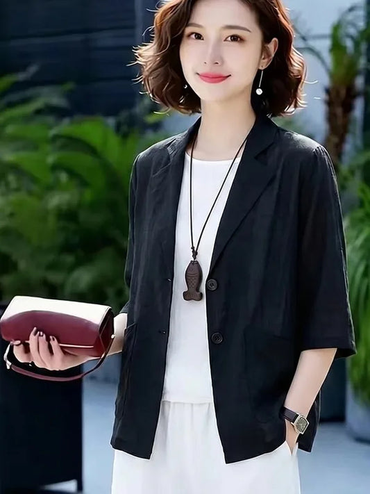 Casual Cotton Linen Short Sleeve Women's Suit Jacket Breathable Lightweight Daily Commute Fashionable Versatile Office Wear