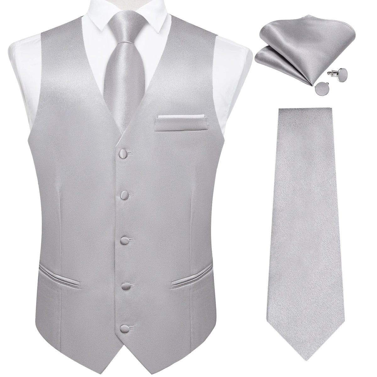 Men's Satin Suit Vest Set with Tie Handkerchief and Cufflinks for Wedding and Prom