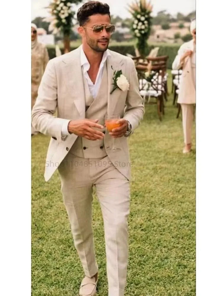 Costume de mariage 3 pièces beige/bleu en lin pour homme, costume de marié d'été, smoking décontracté de plage pour homme, ensemble veste, gilet et pantalon pour soirée de bal