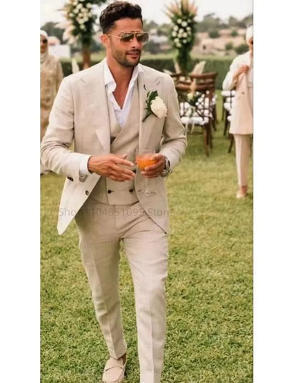 Costume de mariage 3 pièces beige/bleu en lin pour homme, costume de marié d'été, smoking décontracté de plage pour homme, ensemble veste, gilet et pantalon pour soirée de bal