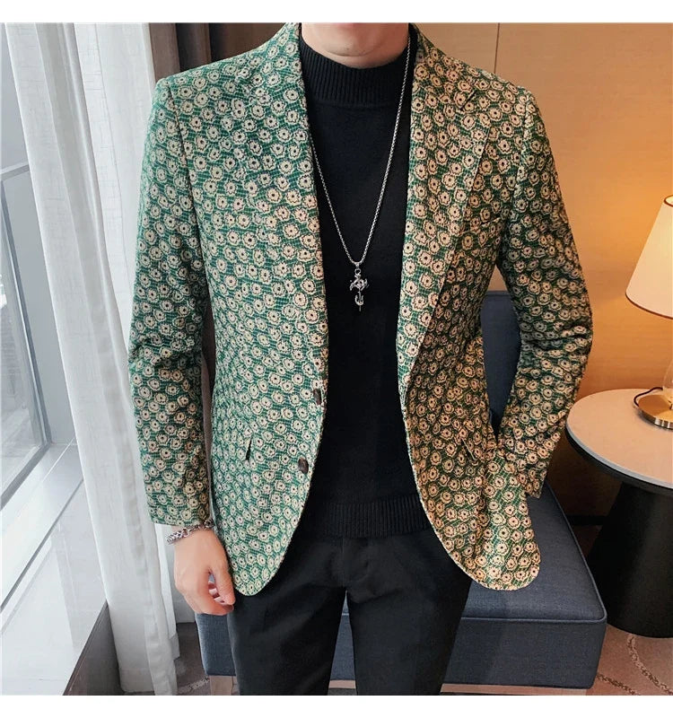 Autumn Winter Corduroy Flower Blazers Men Slim Fit Casual Suit Jacket Casual Suit Jacket Wedding Business Dress Coat Streetwear