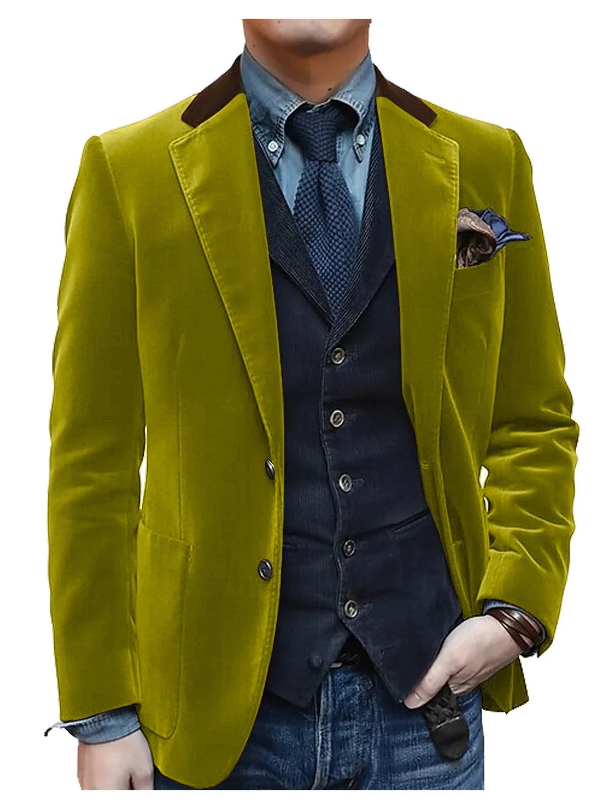Men Velvet Blazer Contrast Brown Lapel Single Breasted Flap Pockets Smart Casual Business Streetwear Formal Outerwear
