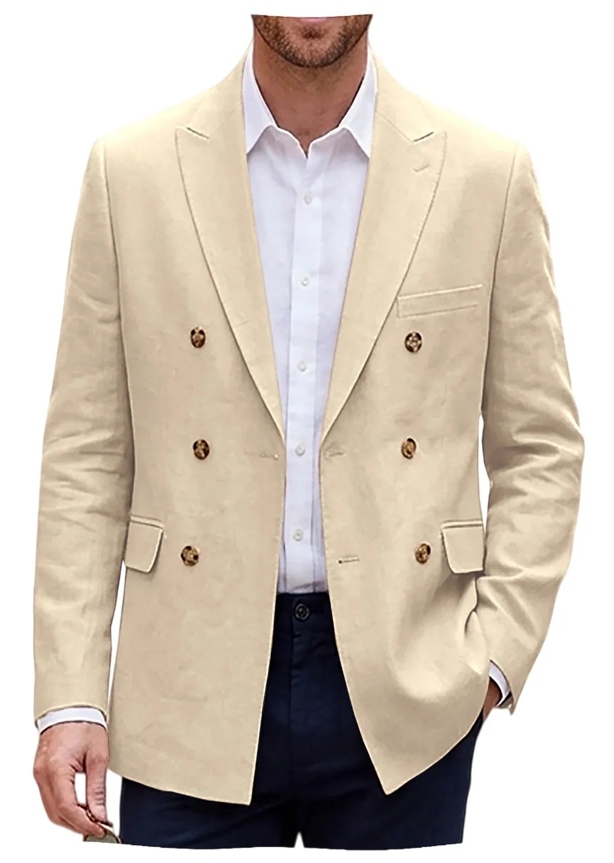 Men's Linen Blazer Notch Lapel Double Breasted Loose Fit Jacket Breathable Lightweight Business Outerwear Coat for Spring Summer