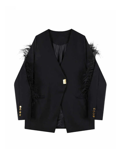 Women's Black Gothic Feather Patchwork Blazer Coat Vintage Harajuku Long Sleeve Suit Jacket Outerwear Top 2000s Clothes Autumn