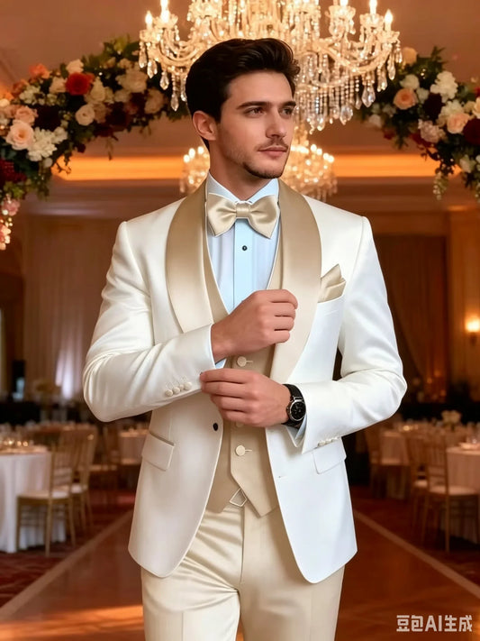 3 Pieces Champagne Wedding Tuxedo For Groom Formal Men Clothes Shawl Lapel Jacket Slim Fit Mens Suits Male Blazer Vest Pants