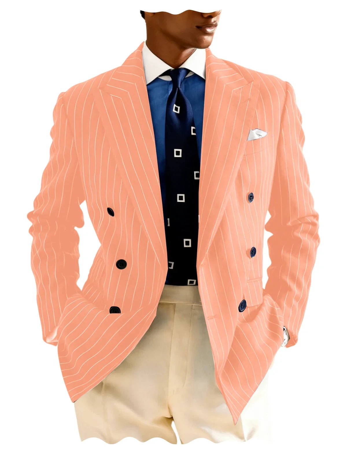 Navy Blue Striped Pattern Business Suit Jacket Double Breasted Slim Fit Blazer Casual Formal Attire Office Groom's Wedding Dress