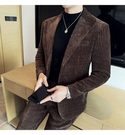 ( Jacket+Pants) Men Corduroy Suit Two-Piece Set High Quality Italian Style Business Suit Luxury Men Formal Wedding Groom Tuxedos