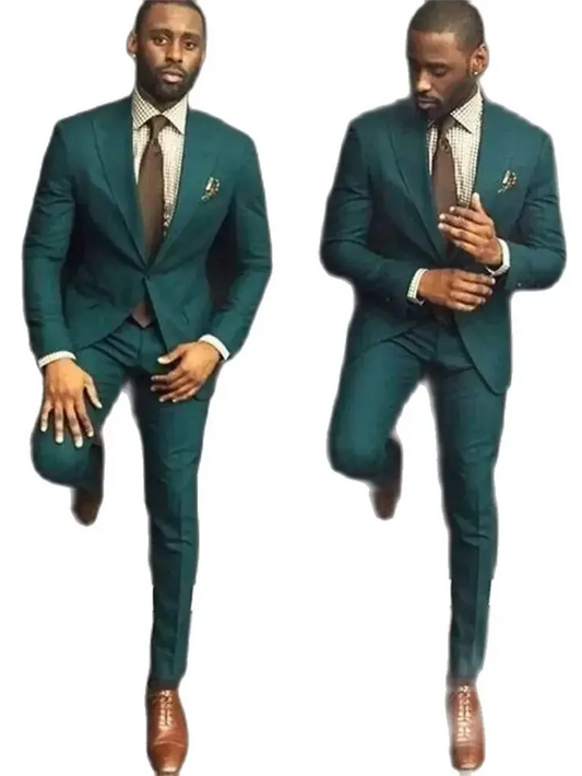 2 Piece Fashion Green Men Suits Chic Peak Lapel Smart Casual Office Suit Slim Wedding Party Tuxedo (Blazer+Pants)