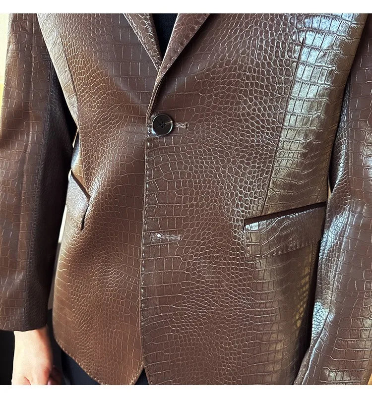 2026 Crocodile Patterned Leather Suit Jacket Men Slim Fit Business Casual Leather Jacket Wedding Groom Party Work Men Blazers