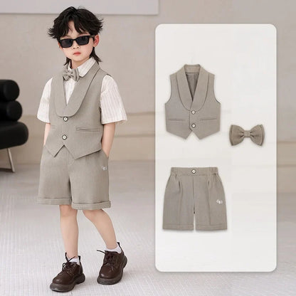 Boys' Summer British Style Suit Vest Set Flower Boy First Birthday Outfit Boys' Children's Day Host Piano Performance Costume