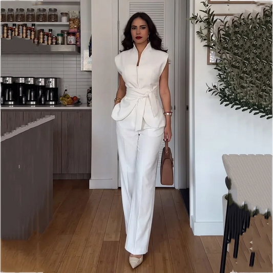 Trendy Women's Suit Stand Collar Chic Sleeveless Belted Jacket Pants Formal Office Interview Business Smart Casual Outfit
