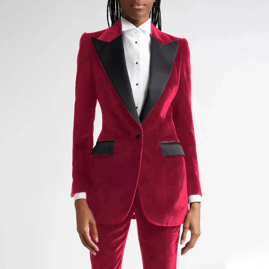 Black Flannel Women Suit Customized Single-grain Buckle Peaked Lapel Two Pieces(Jacket+Pants) Modern Business Office Lady Set