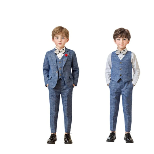 Kids Jacket Vest Pants Bowtie Brooch 5Pieces Formal Suit Set For Wedding Boys Piano Host Speech Performance Costume
