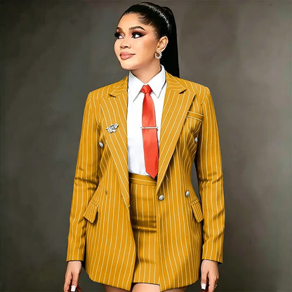 Vintage Peaked Lapel Stripe Women Suits Elegant Blazer+Mini Skirt 2 Pieces Slim Fit Office Lady Wear Customized Set