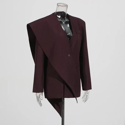 Spring Autumn New Women Blazer V-neck Single Button Asymmetric Solid Color Scarf Collar Fashion Elegant Trendy Coat HK17099