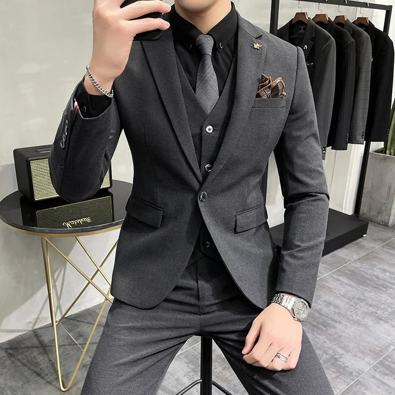 (Jacket +Vest+Pants) Plus Size 7XL-S Men Korean Slim Fit Groom Wedding Business Casual Tuxedo Mens Work Social Suit 3 Pieces