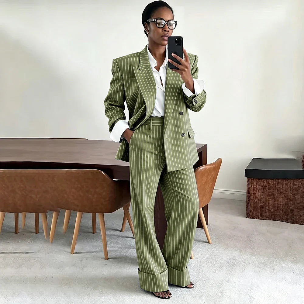Neutral Gray Pinstripe Oversized Matching Sets Double Breasted Women's Suit Casual Formal 2-Piece(Jacket+Pants) Office Set