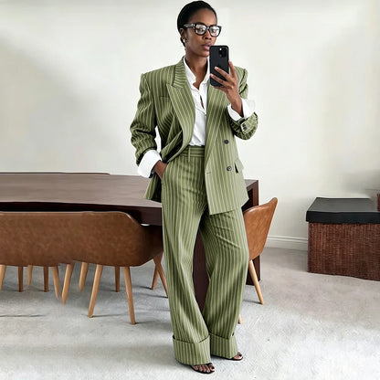 Neutral Gray Pinstripe Oversized Matching Sets Double Breasted Women's Suit Casual Formal 2-Piece(Jacket+Pants) Office Set