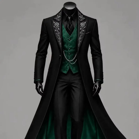 Men 3 Pcs Gothic Long Tail Coat Suit Black Jacket Silver Embroidery Lapel Vest Pants Formal Banquet Wedding Cosplay Customized