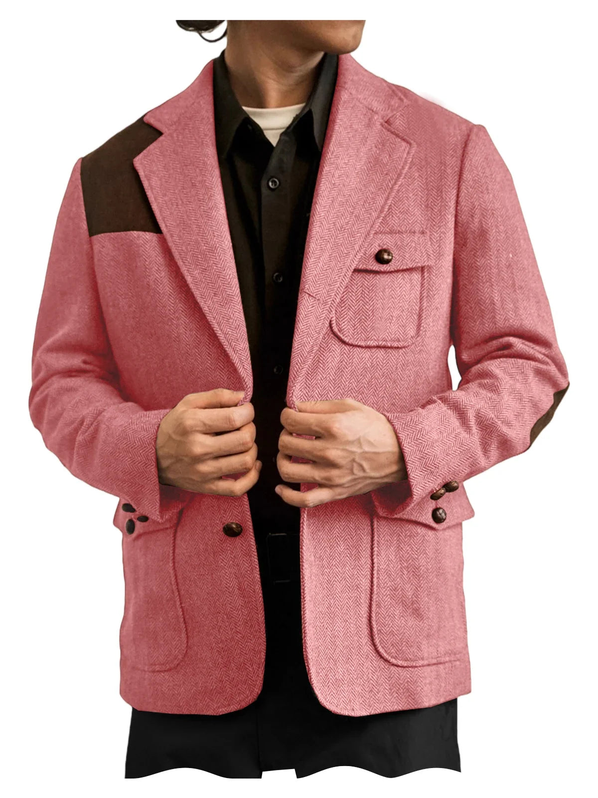 Men's Herringbone Tweed Blazer Shoulder Patchwork Suede Notch Lapel Suit Jacket Classic Fit Casual Business Vintage Sport Coat