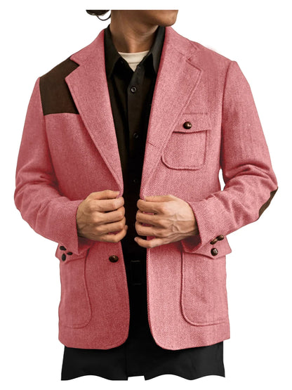 Men's Herringbone Tweed Blazer Shoulder Patchwork Suede Notch Lapel Suit Jacket Classic Fit Casual Business Vintage Sport Coat
