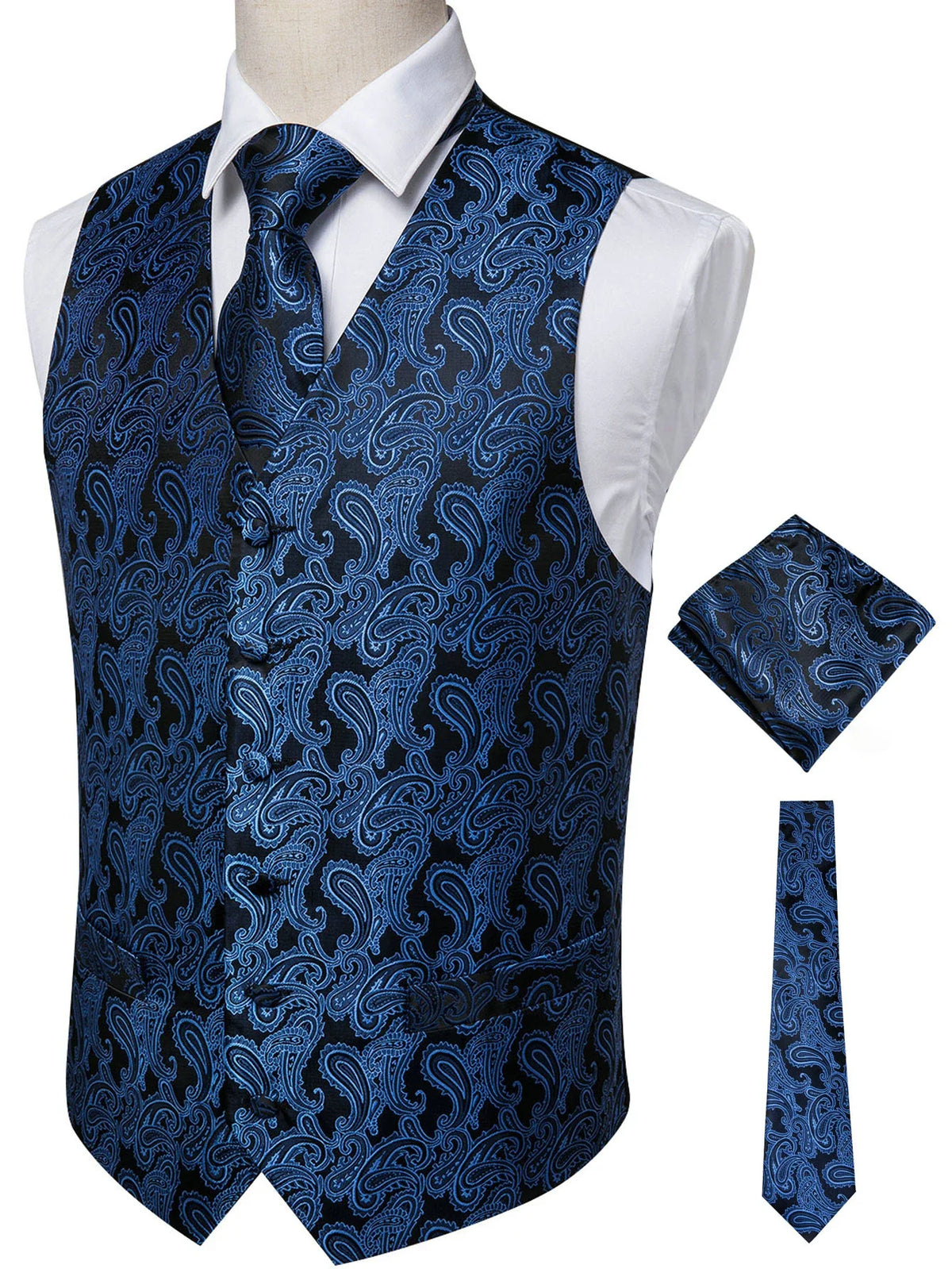 Men's Dress Waistcoat Set with Tie and Pocket Square for Party and Ceremony