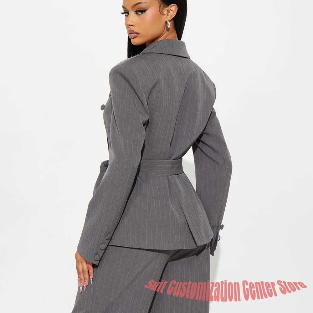 Grey Pinstripe Belted Women's Jacket Pants Set 2Piece Suit Slim Fit Double Breasted Notch Lapel Blazer for Professionals