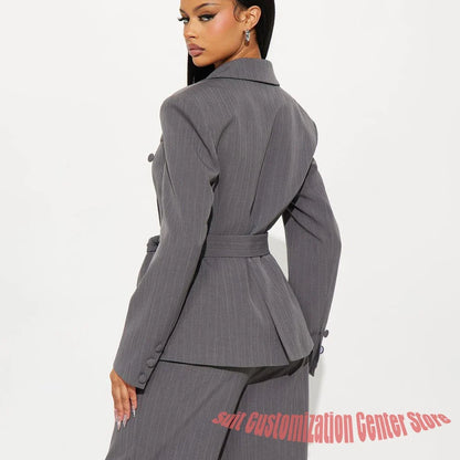 Grey Pinstripe Belted Women's Jacket Pants Set 2Piece Suit Slim Fit Double Breasted Notch Lapel Blazer for Professionals