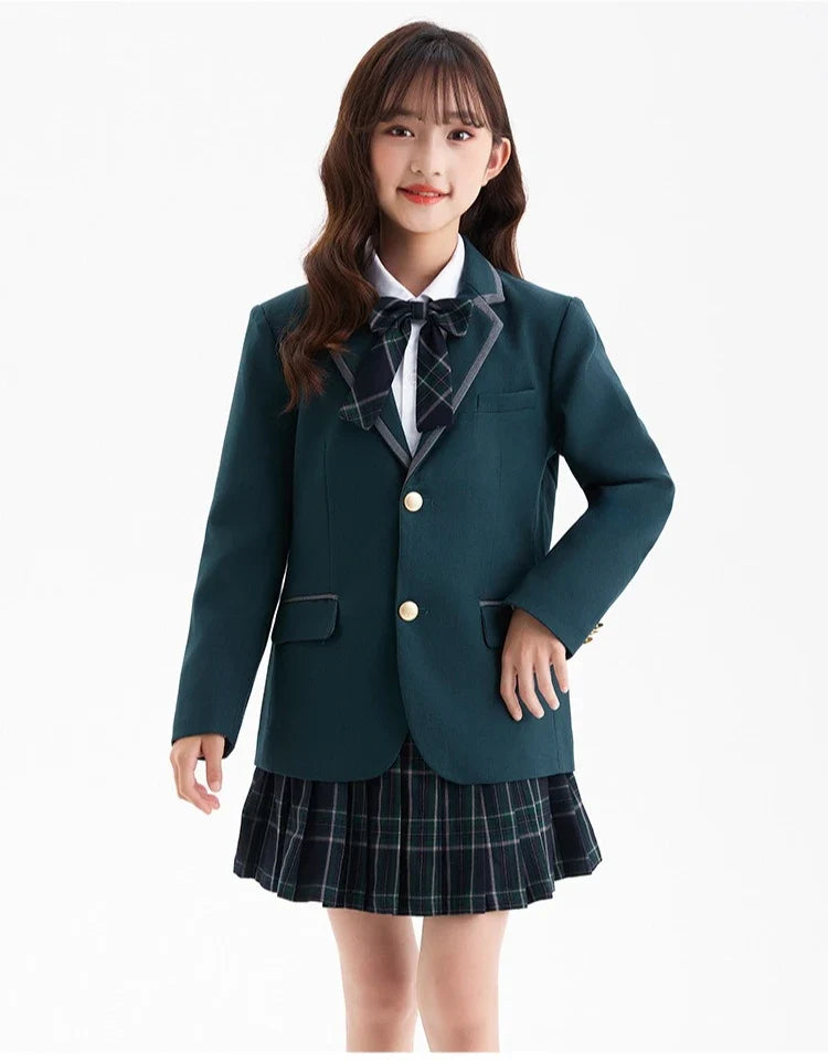 Boys Green Blazers Pants School Uniform Girls Jacket Skirt Shirt Tie Suits Kids Formal Dress Tuxedo Children Student Clothes Set