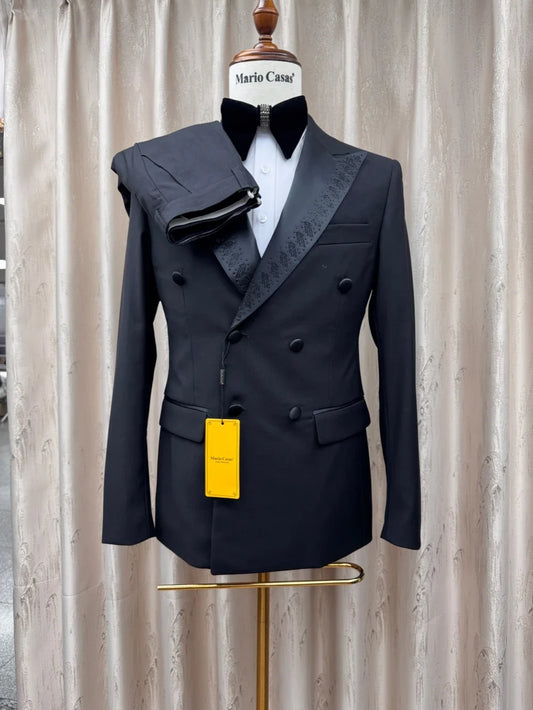 Black Luxury Beaded Man Suits 2 Pieces Jacket Pants Formal Banquet Party Wear Double Breasted Men's Slim Fit Tuxedo Wedding Sets