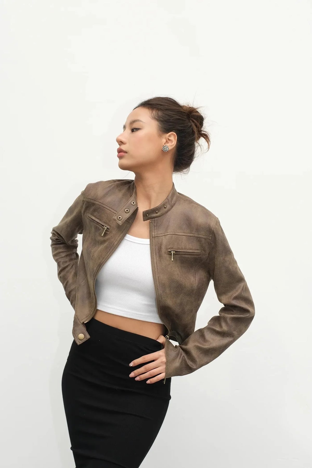 Women's Brown Leather Coat Vintage Y2k Gyaru Fashion Moto Outfit Stand Collar PU Cropped Jacket Top for Women Autumn Winter 2026