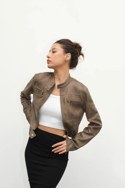 Women's Brown Leather Coat Vintage Y2k Gyaru Fashion Moto Outfit Stand Collar PU Cropped Jacket Top for Women Autumn Winter 2026