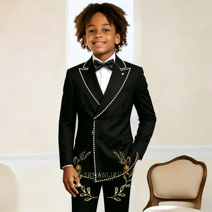 Wedding Boy Suits Tuxedos High Quality Flower Boy Wear Beadding Crystal Shawl Lapel Formal Kids Suit Blazer Pants