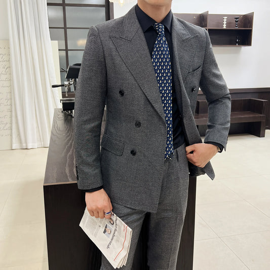 (Jacket+Pants) Autumn New Men Vintage Luxury Double Breasted Slim Suit Formal Groom Wedding Tuxedo Mens Work Party Suit 2 Piece