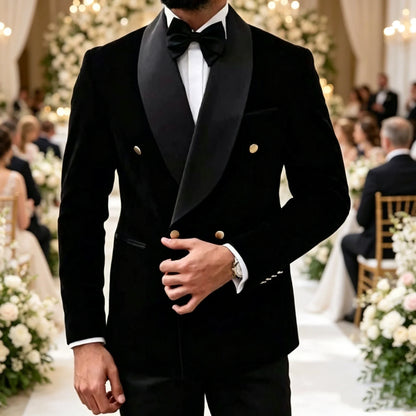 2 Pieces Black Velvet Suits for Men Shawl Lapel Double Breasted Blazer Pants Wedding Groom Tuxedos Men Outfits for Party Prom