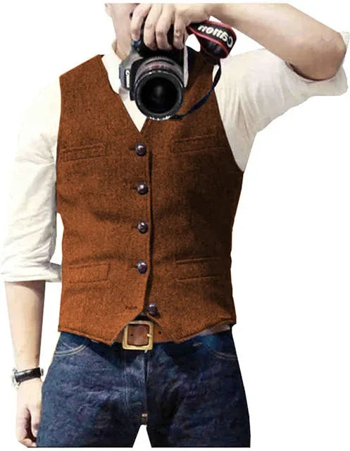 Men's Waistcoat Herringbone Wool Blend V-Neck Single Breasted Vest for Weddings and Smart Casual