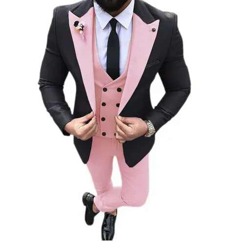 Pink Caual Men Suits with Black Jacket 3 Piece Wedding Groomsmen Tuxedo New Male Fashion Costume Double Breasted Vest Pants