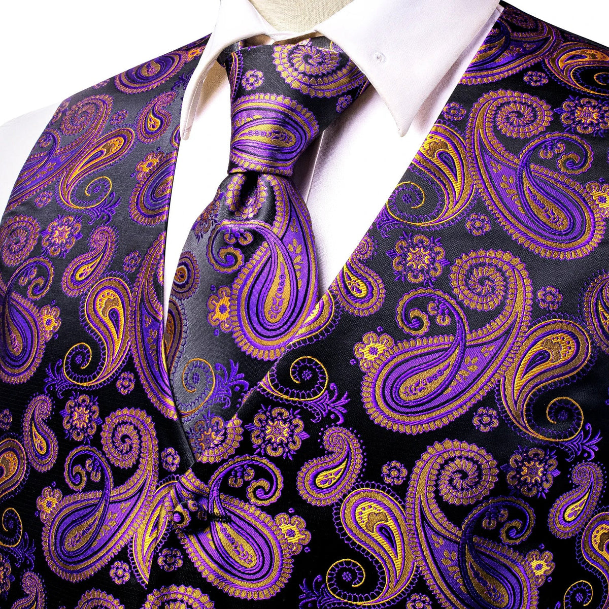 Men's Jacquard Floral Waistcoat Set with Tie, Pocket Square & Cufflinks – Purple Paisley, Wedding & Business