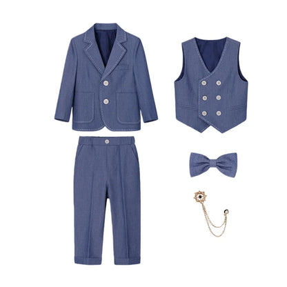Gentlman Boys Formal Wedding Suit Set Kids Blazer Vest Pants Bowtie Brooch 5Pieces Clothes Set Children's Performance Costume