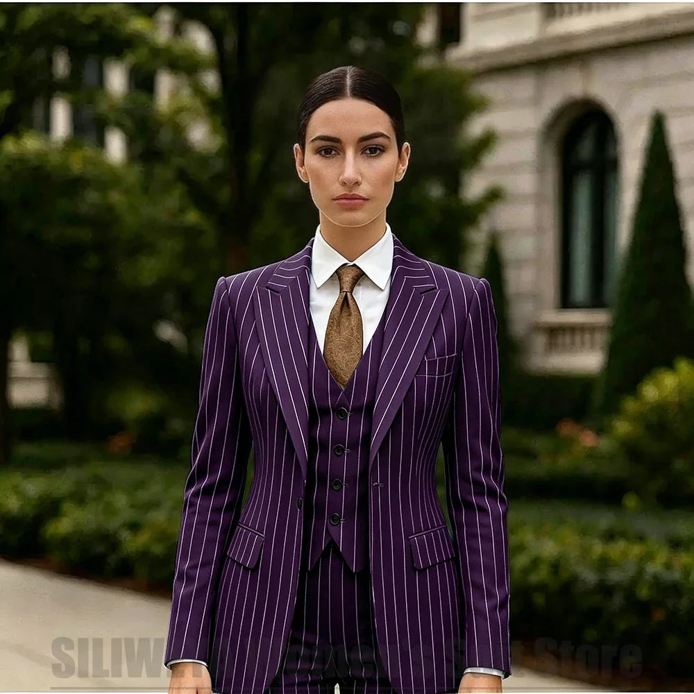 White Striped Women Suit 3 Piece Chic Peak Lapel One Button Blazer Vest Pants Formal Office Business Wedding Party Wear