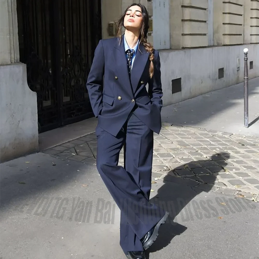 Women Suit 2 Pieces Double Peak Lapel Blazer Pants Modern Design Straight Fit Solid Costume Femme Office Lady Formal Set