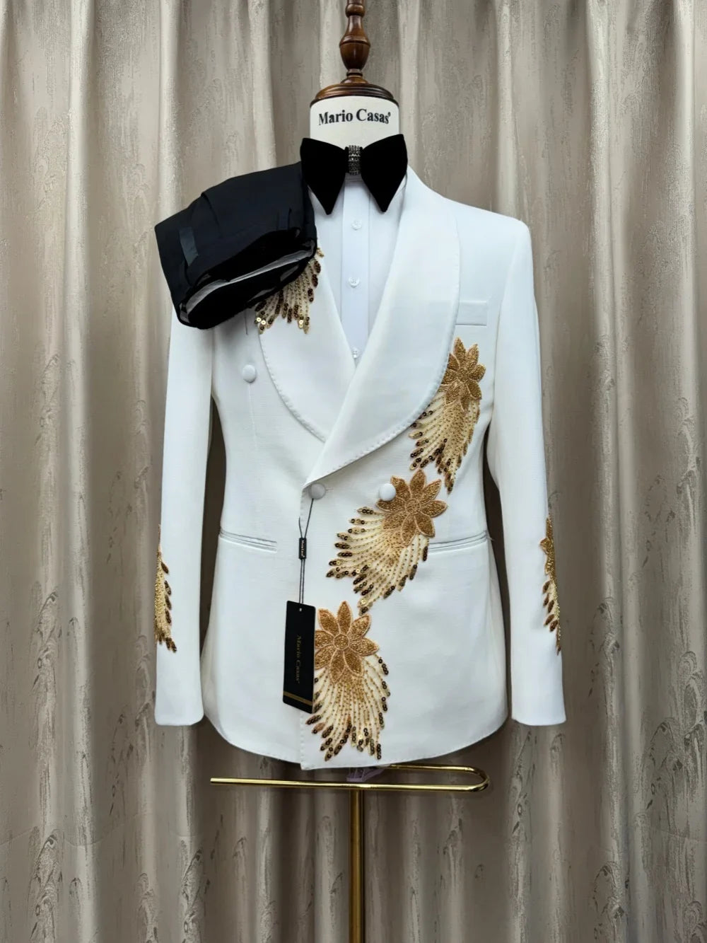 Golden Embroidery Men's Slim Fit Suits 2 Pieces Party Prom Wear Double Breasted Man Tuxedo Host Costumes High Quality Suit Set